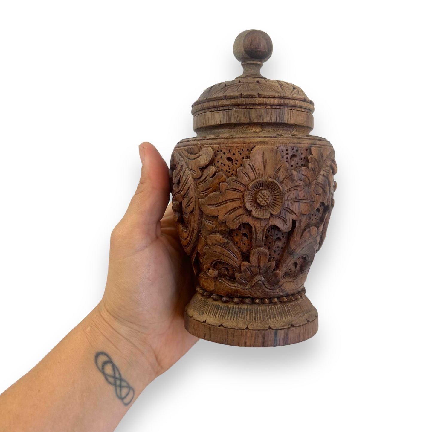 Hand-Carved Wooden Decorative Jar with Lid – Intricately Floral Design