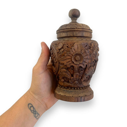 Hand-Carved Wooden Decorative Jar with Lid – Intricately Floral Design