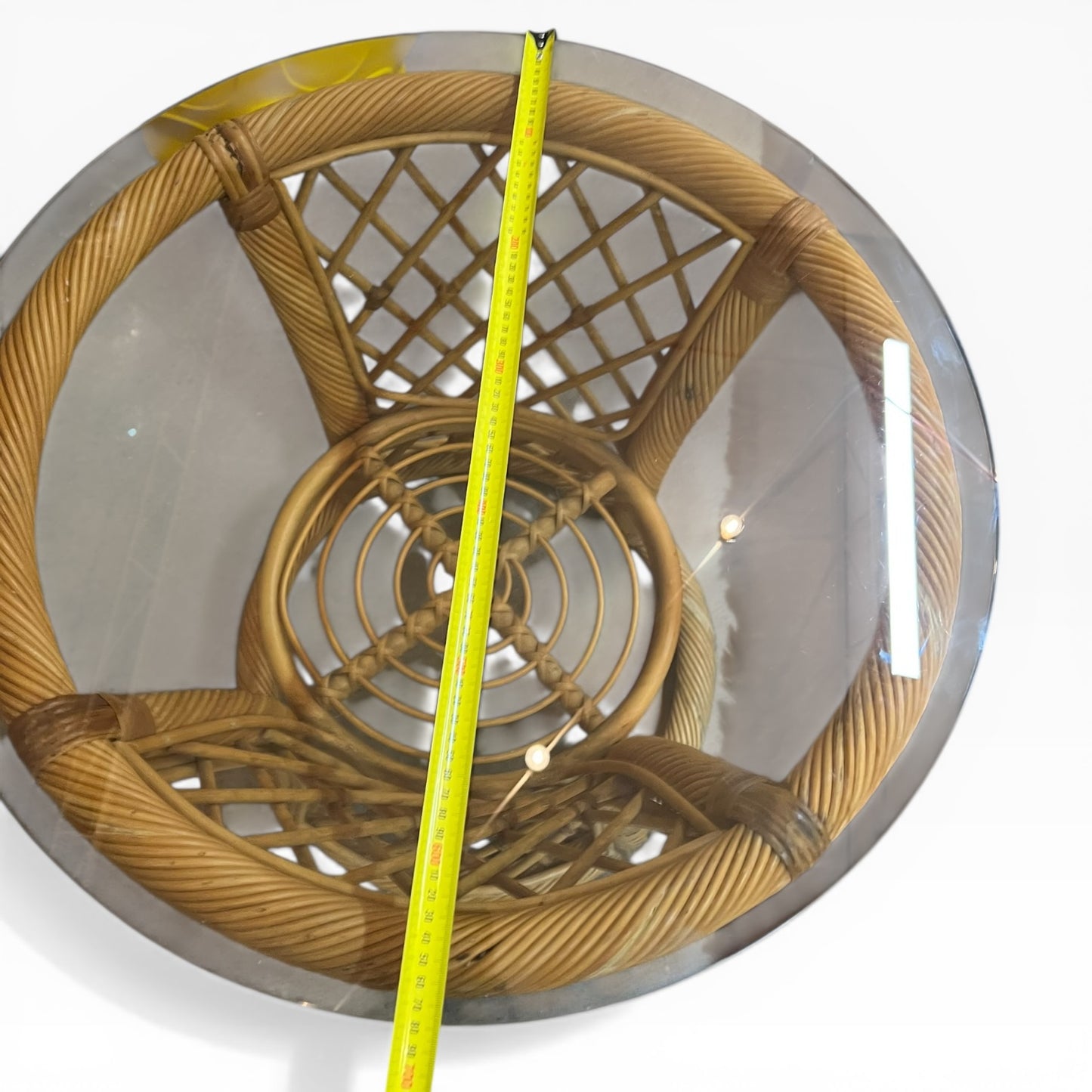 Cane Side Table with Round Glass Top & Sculptural Base