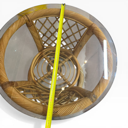 Cane Side Table with Round Glass Top & Sculptural Base