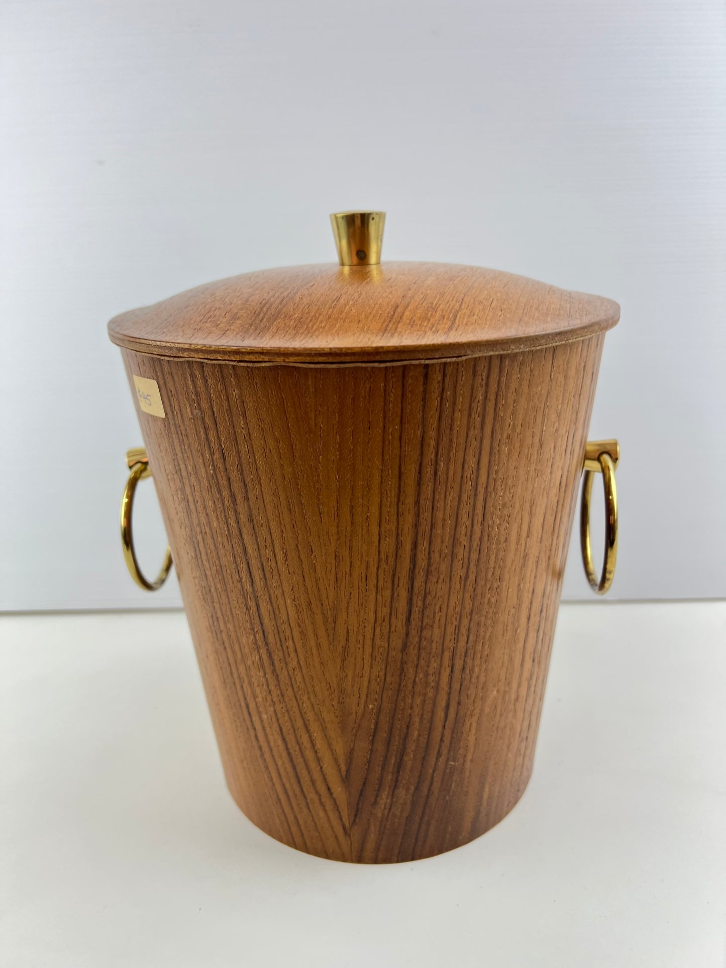 Teak Veneer & Brass Ice Bucket with Ring Handles