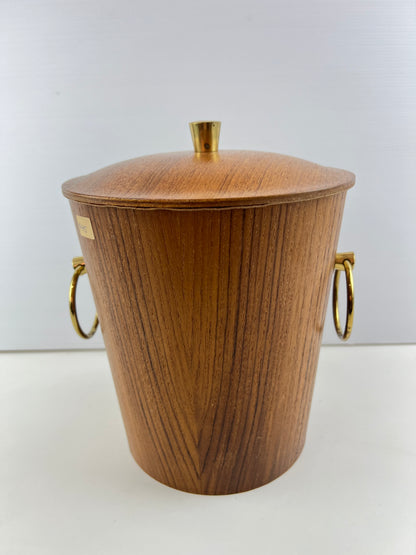 Teak Veneer & Brass Ice Bucket with Ring Handles