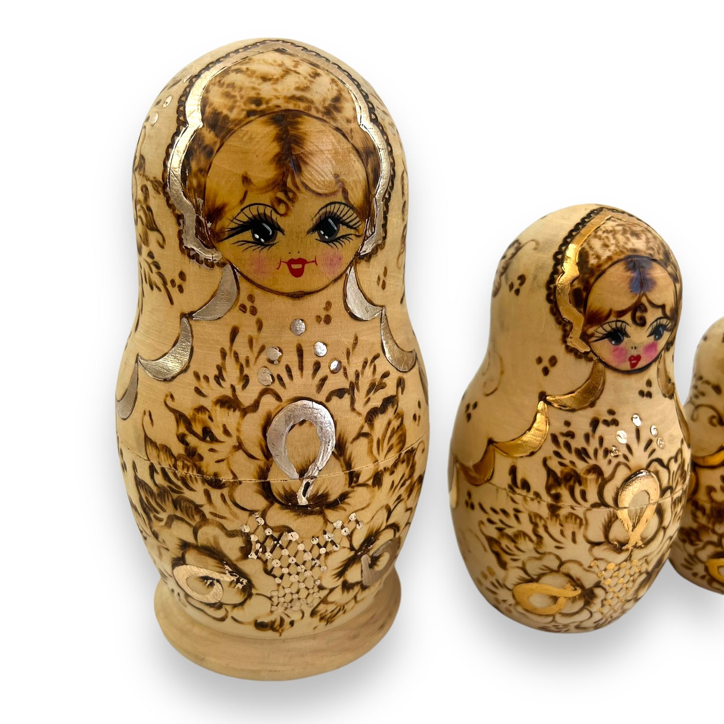 Russian Matryoshka Nesting Dolls Set of 5 - Hand-Painted Gold and Brown Floral Design