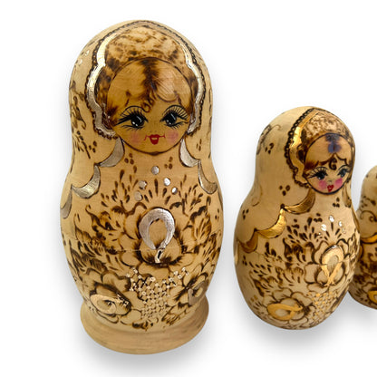 Russian Matryoshka Nesting Dolls Set of 5 - Hand-Painted Gold and Brown Floral Design