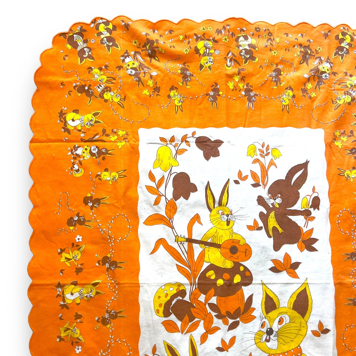 Retro Orange yellow and brown rabbit and mushroom tablecloth
