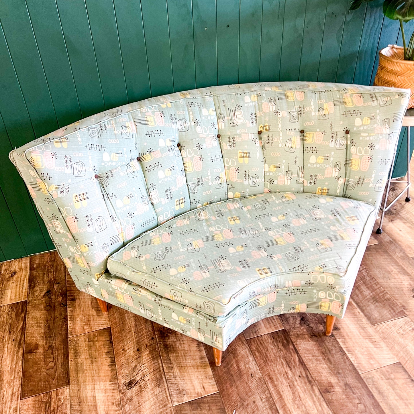 Retro Corner Lounge Piece with Atomic Barkcloth Upholstery Fabric