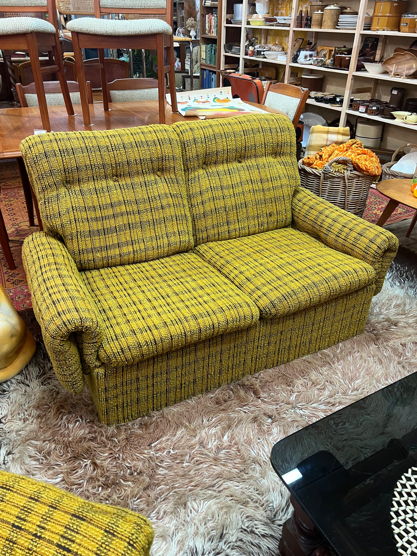 1970s Mustard Yellow Textured Fabric 2-Seater Lounge
