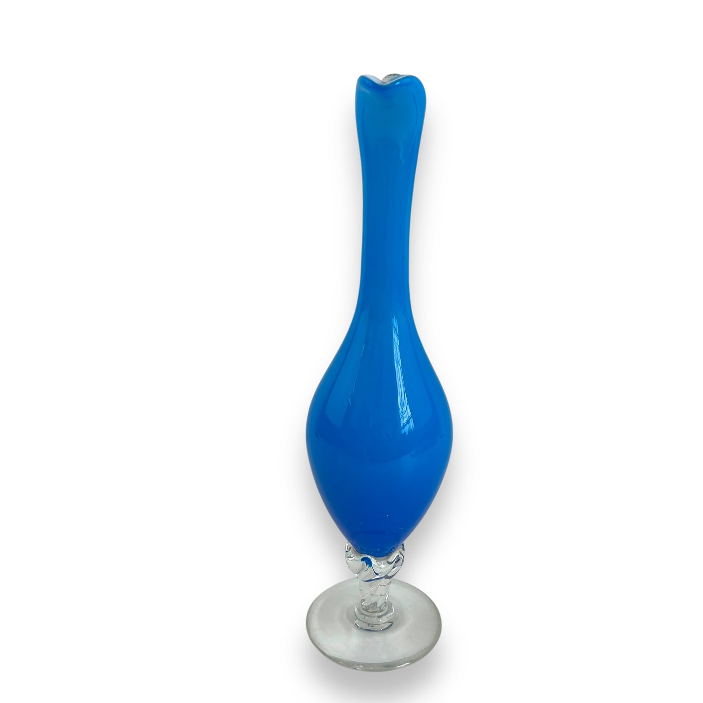 Italian Empoli Blue Cased Glass Pedestal Pitcher with Clear Twisted Handle