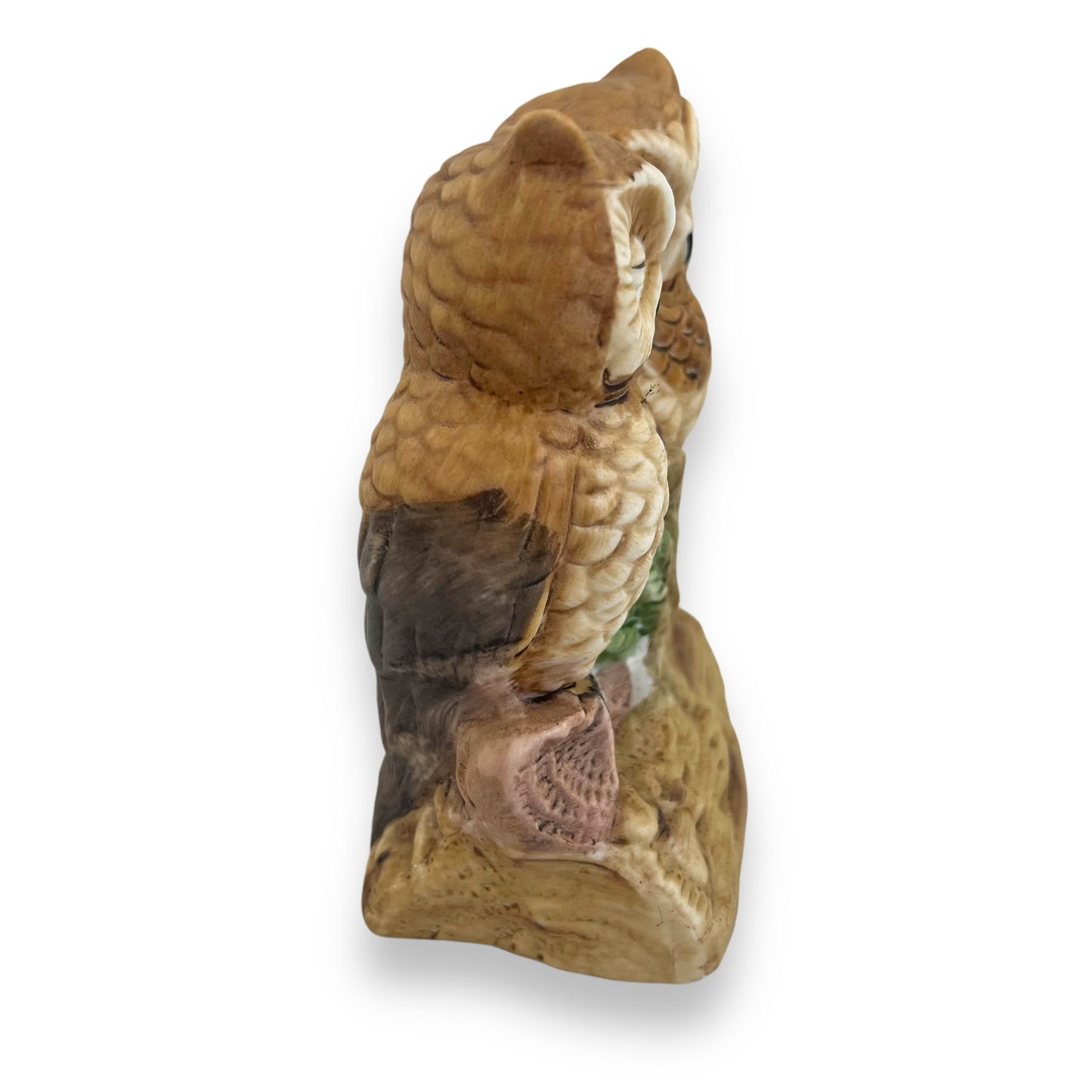 Flambro porcelain owls on a wooden log statue