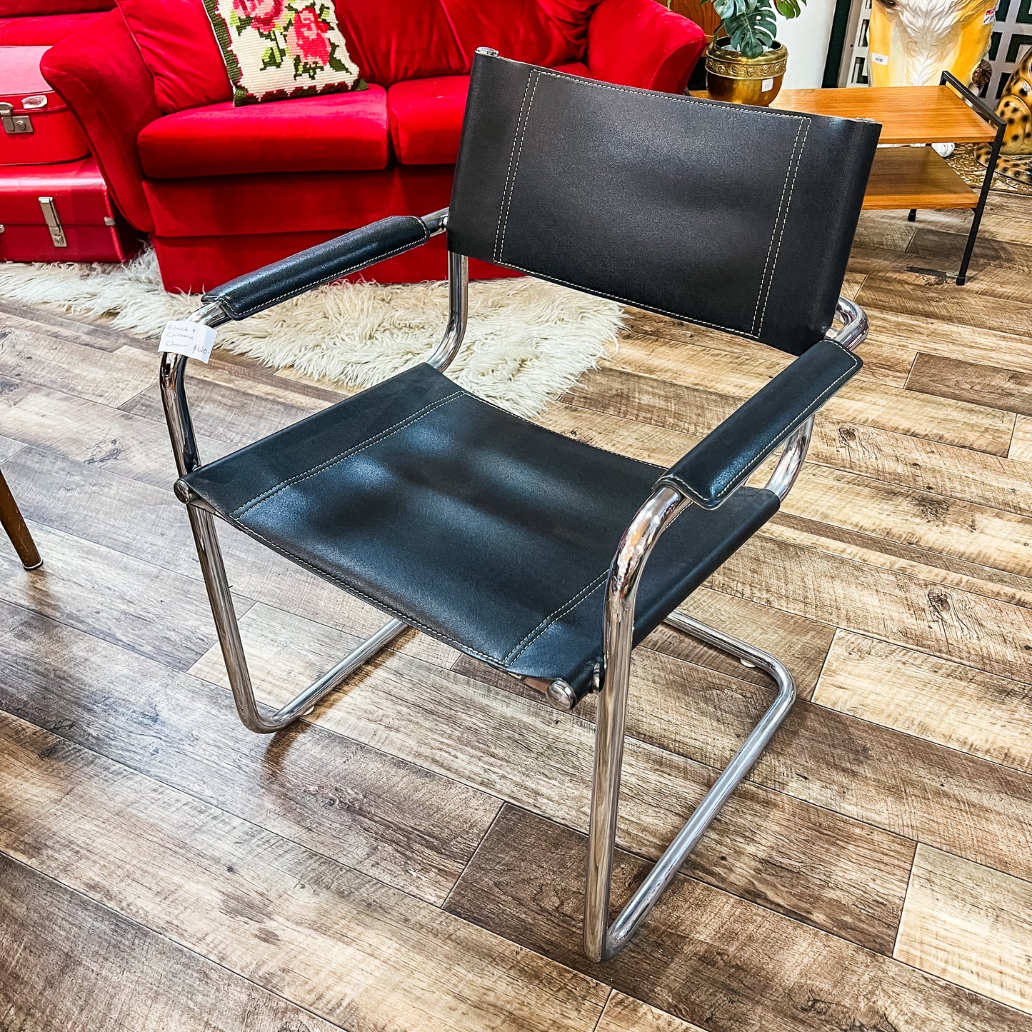 Black Leather & Chrome Cantilever Armchair