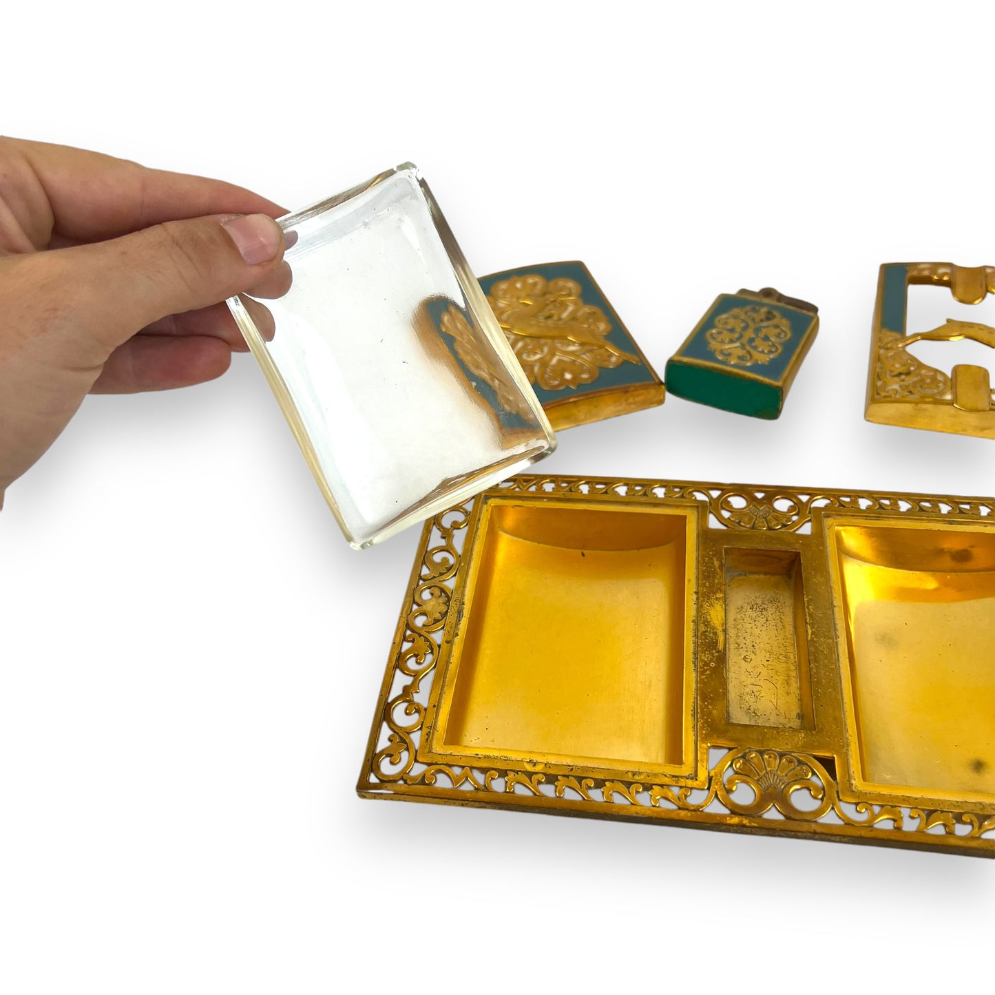 Brass Ornate Cigarette Holder, Lighter, and Ashtray with Leaping Deer Design – Elegant Mid-Century Smoking Set