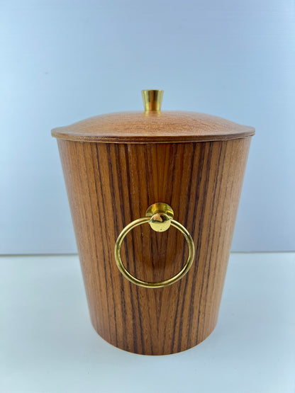 Teak Veneer & Brass Ice Bucket with Ring Handles