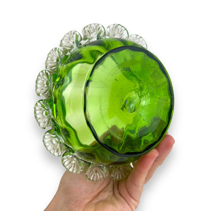 Green glass bowl dish with clear frill edge
