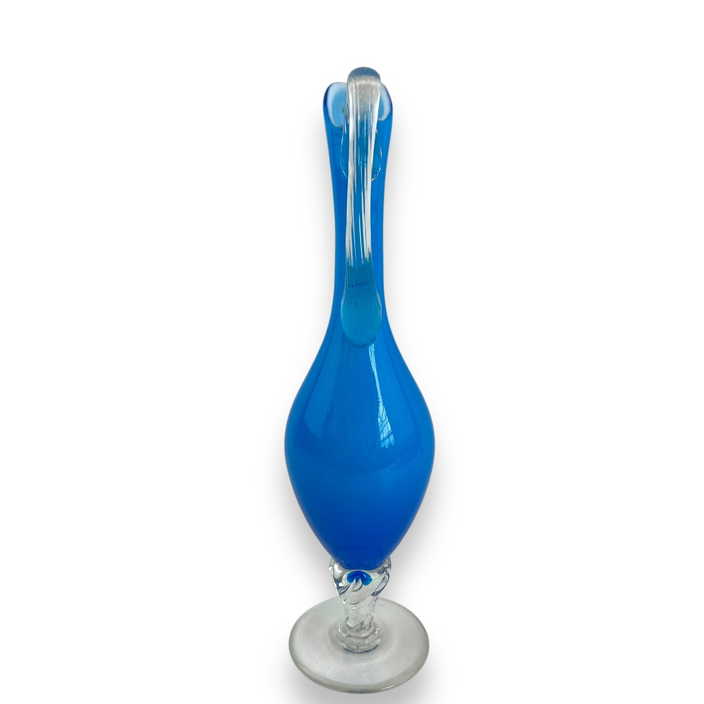 Italian Empoli Blue Cased Glass Pedestal Pitcher with Clear Twisted Handle