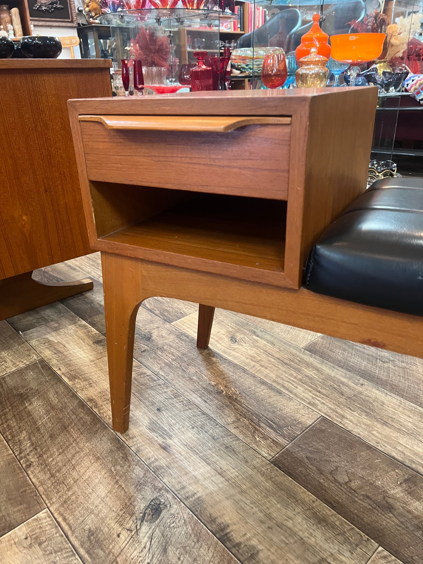 Teak Telephone Bench Seat with Black Vinyl Cushion