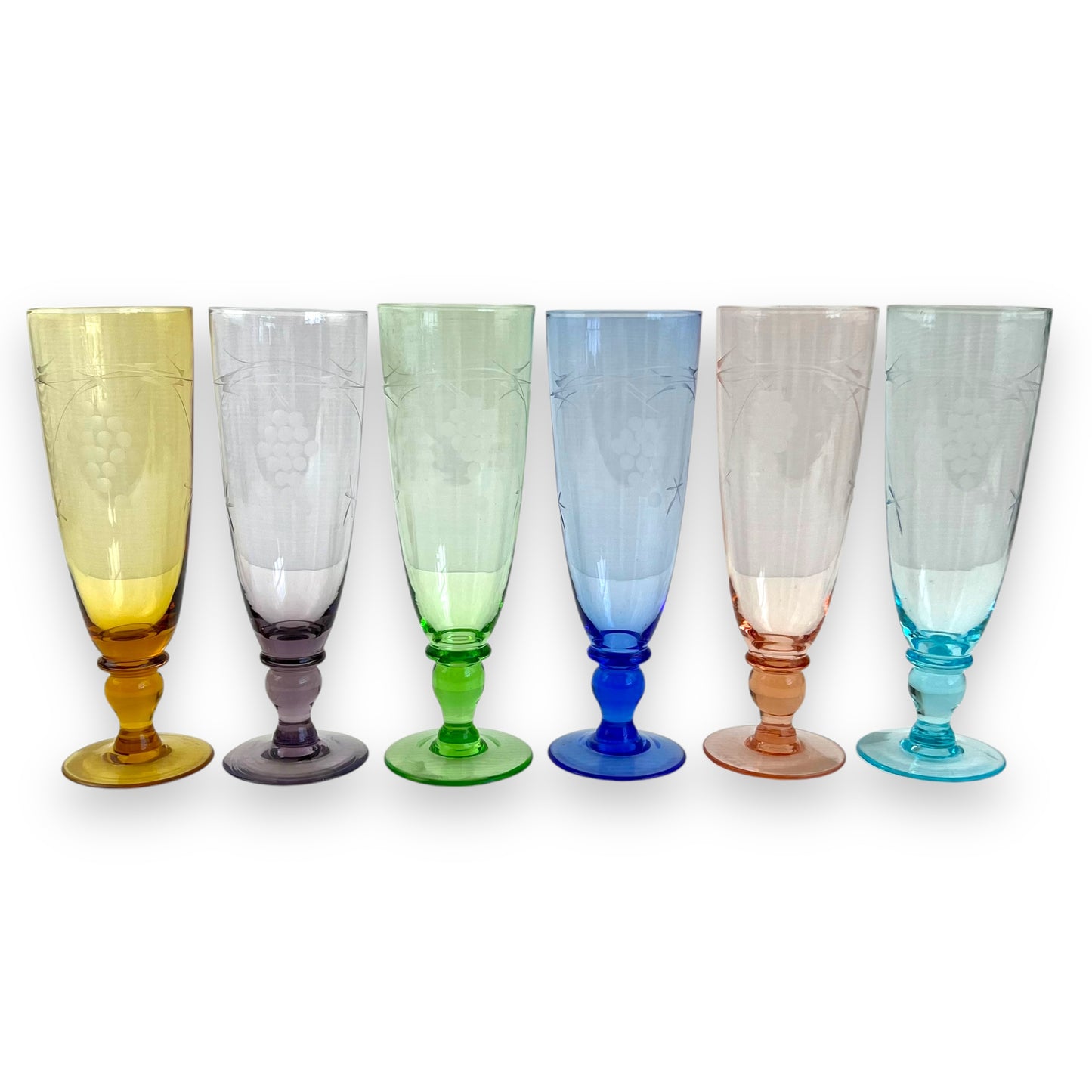 Set of 6 Vintage Etched Glasses – Multicoloured Grape Motif – Wine or Champagne