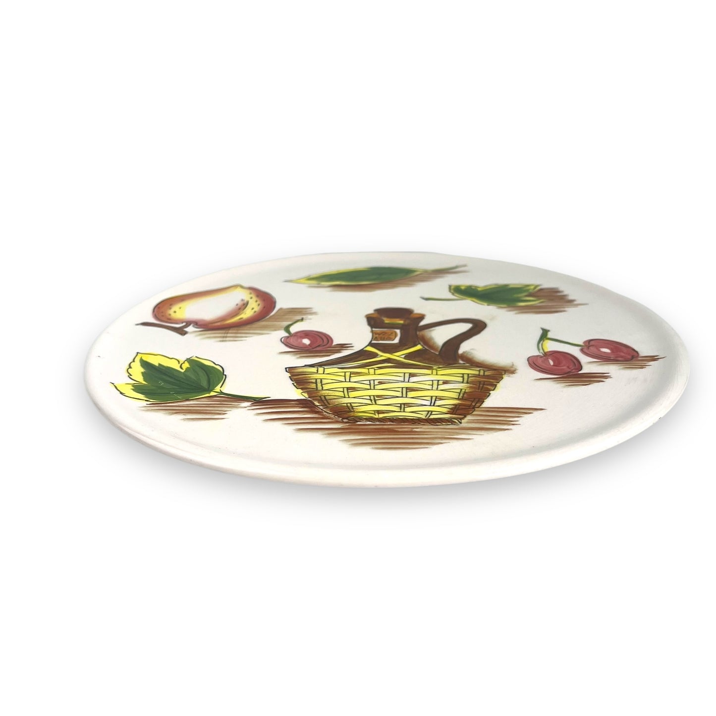 Handpainted food platter with bottle, cherrie, fruit & leaves