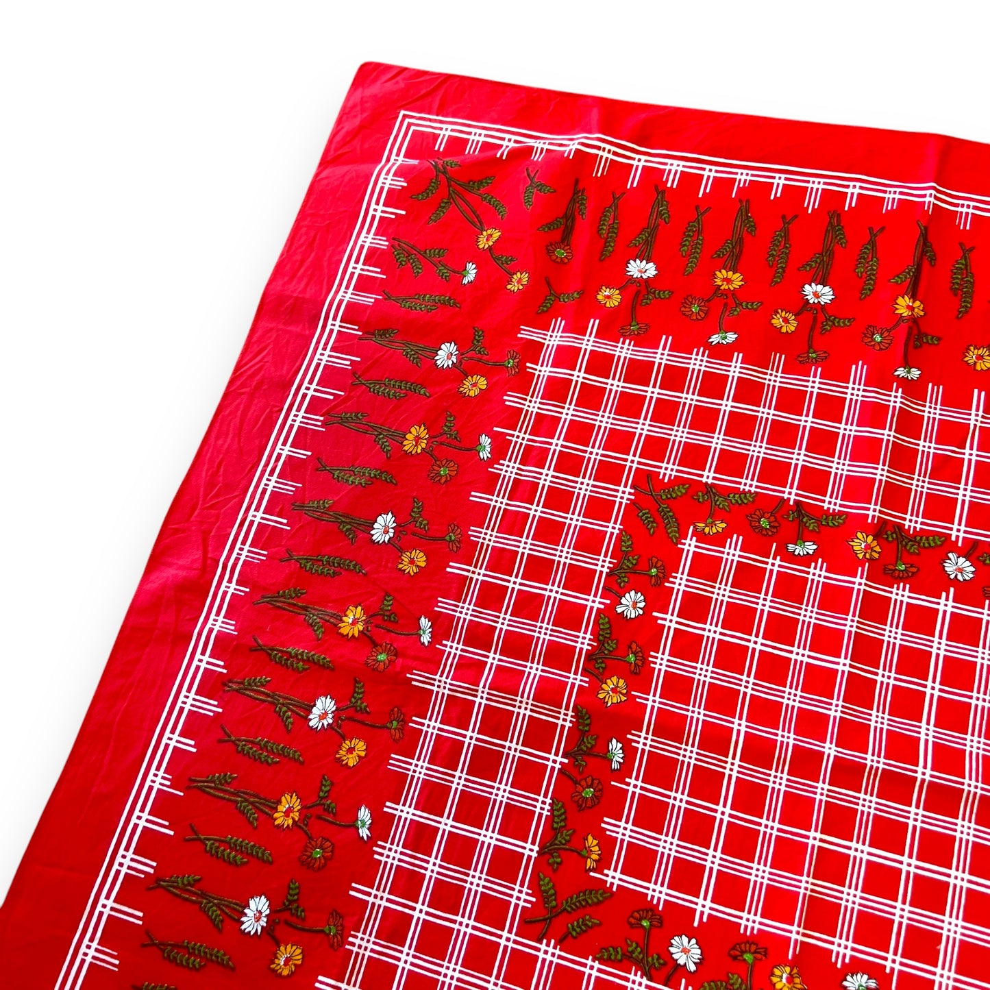 Red Checkered Tablecloth with Floral Pattern – Retro Home Decor