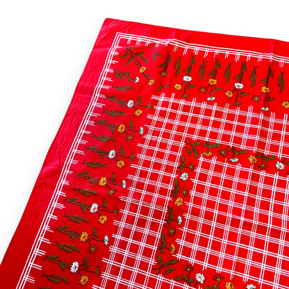 Red Checkered Tablecloth with Floral Pattern – Retro Home Decor
