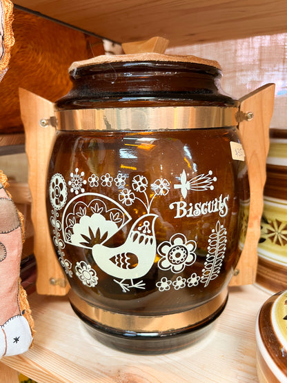 Amber Glass Biscuit Barrel with Timber Handles