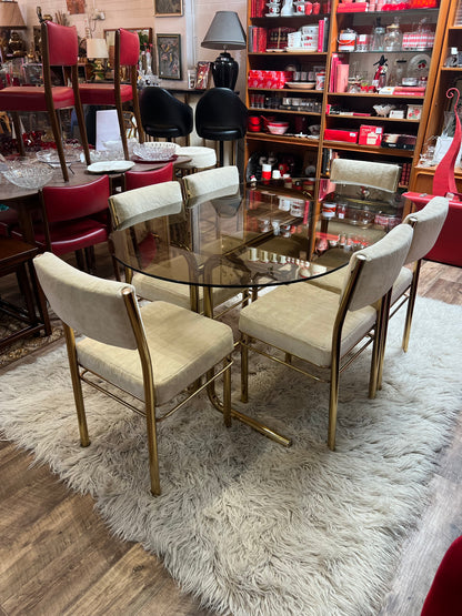 Brass & Smoked Glass Dining Table with 6 Chairs cream upholstery