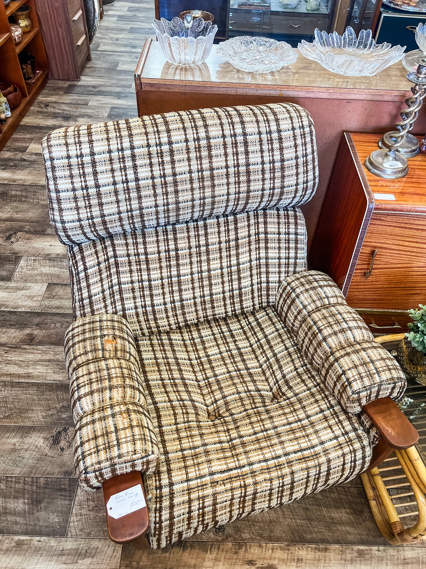 Plaid Lounge Chair with Wooden Armrests