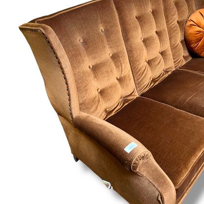 Golden Brown Velvet 3-Seater Sofa with Button Back