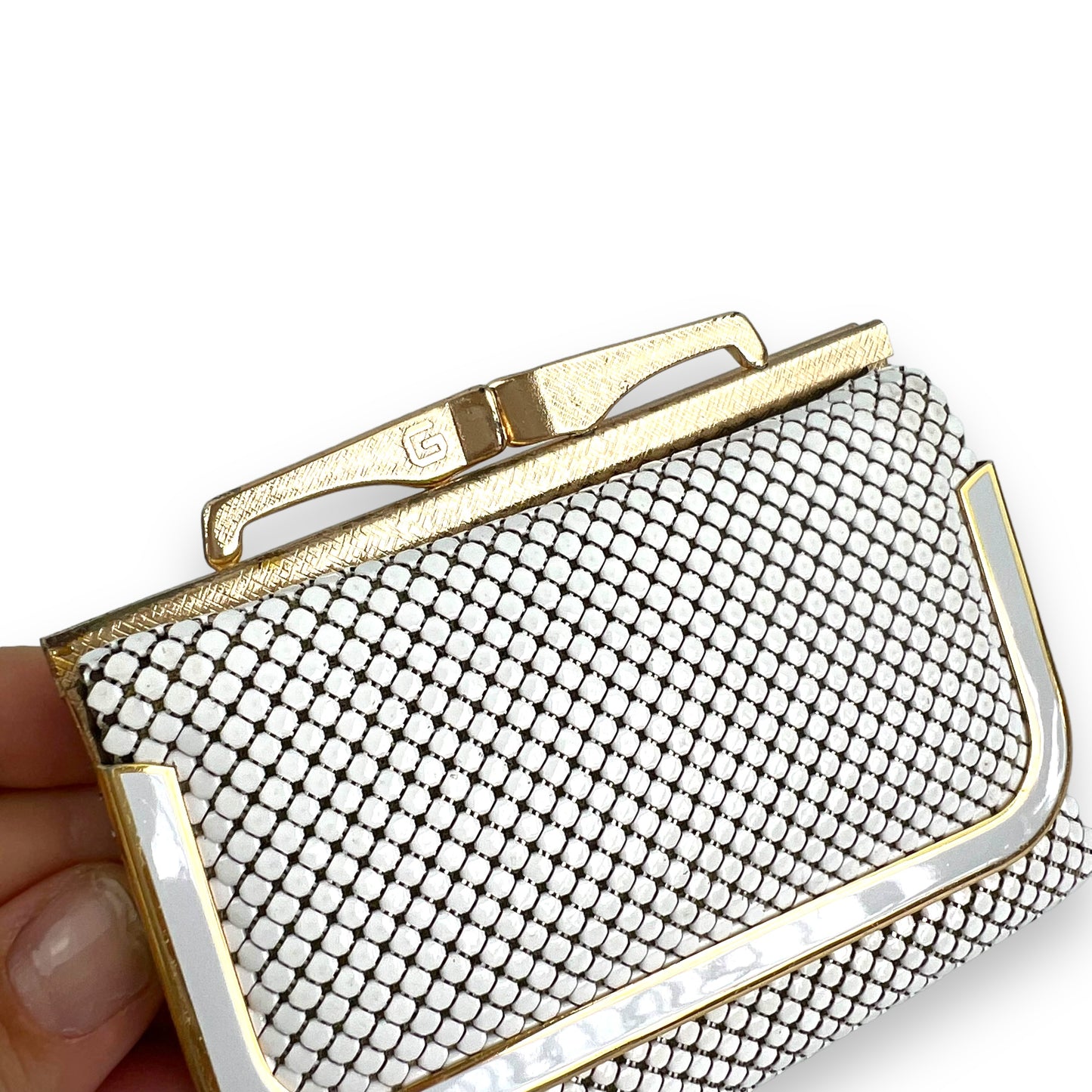 Glomesh white and gold mesh purse
