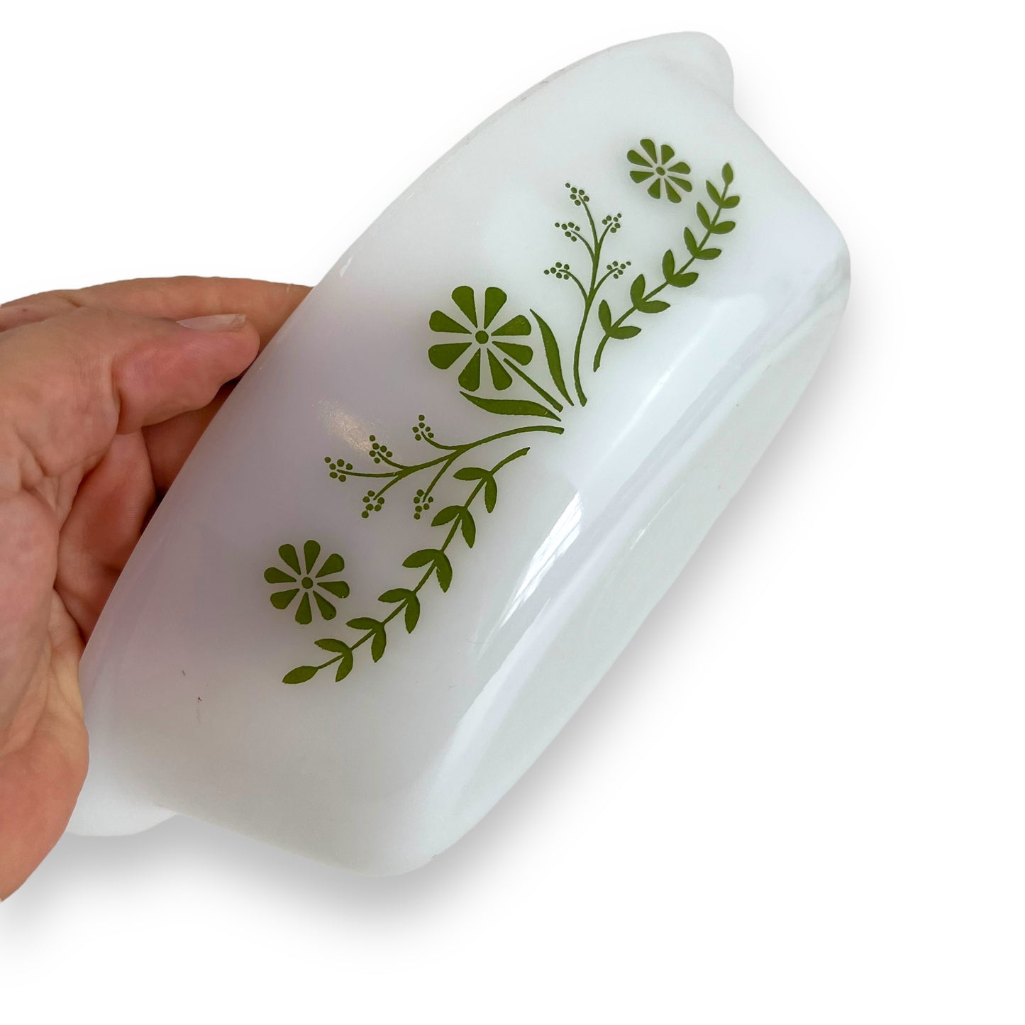 Glasbake oval white glass dish with clear lid and geeen decal