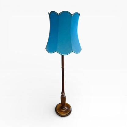 Timber Floor Lamp with Blue Scalloped Shade