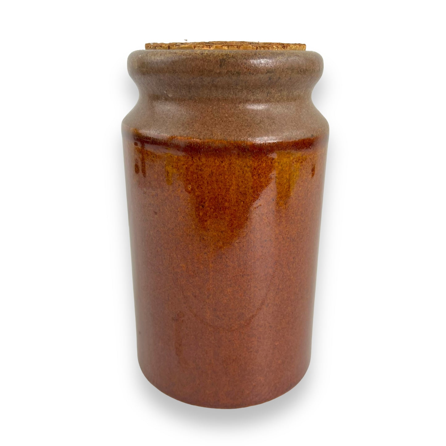 Brown pottery jar with cork lid