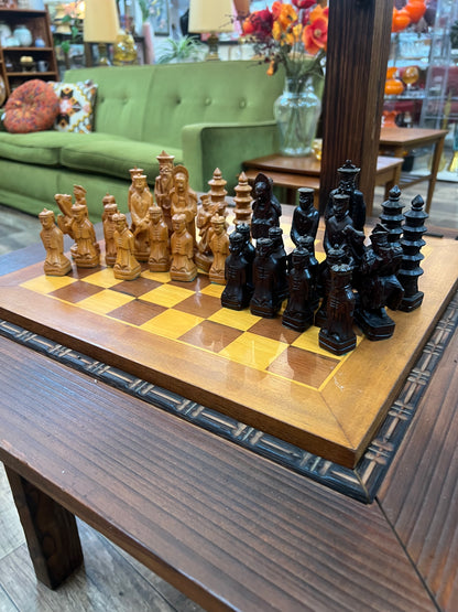 Timber Chess / Games Coffee Table with Hidden Storage Compartment & Lamp