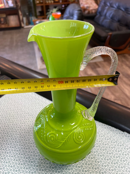 Lime Green Art Glass Ewer Vase with Clear Applied Handle – Decorative Scroll Detail