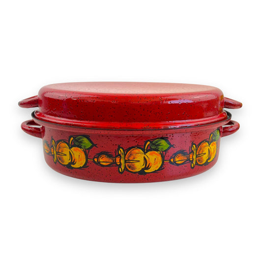 Red Enamelware Dutch Oven – Hand-Painted Fruit Motif, Two-Piece Roasting Pan