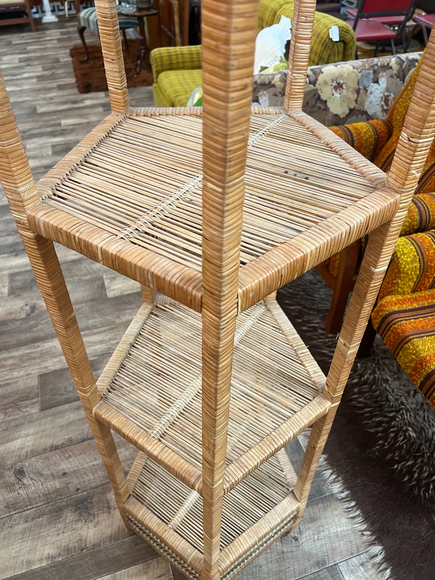Cane & Rattan Pentagon Corner Shelf – 4 Tier Display Stand