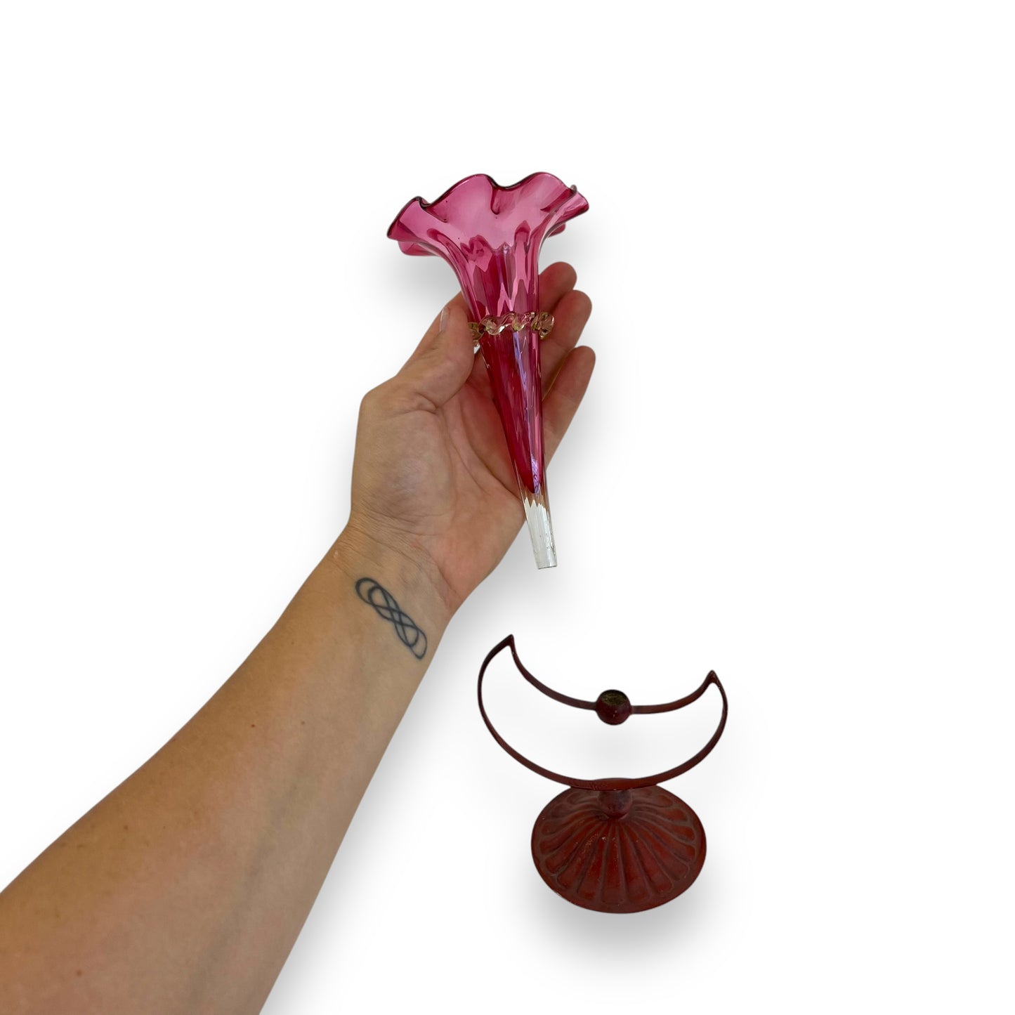 Victorian Cranberry Glass Jack-in-the-Pulpit Vase with Metal Moon Stand (1850-1899)
