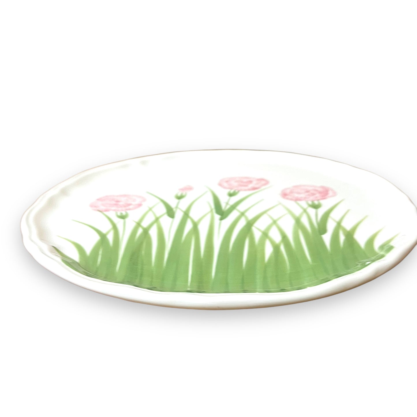 Hand-Painted Italian Ceramic Plate – Pink Carnations & Grass Design, Made in Italy