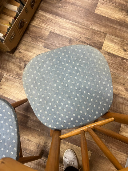 Pair of Timber Dining Chairs with Blue Patterned Upholstered Seats