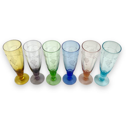Set of 6 Vintage Etched Glasses – Multicoloured Grape Motif – Wine or Champagne