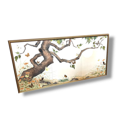 Large Framed Butterfly & Tree Artwork with Real Butterfly Wings — Signed M. Ginsberg, 1982