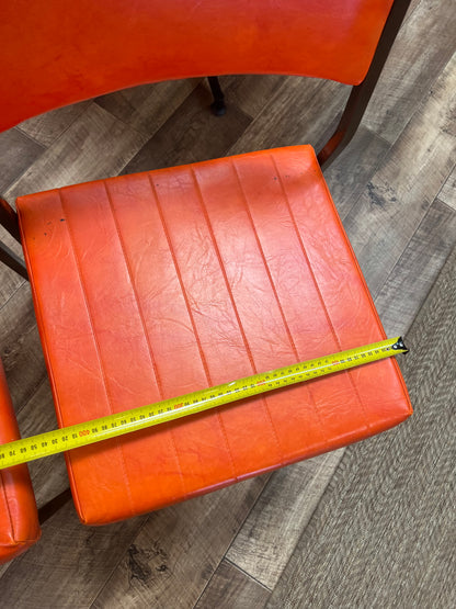 Set of 4 Mid Century Bright Orange Vinyl Dining Chairs with Dark Brown Steel Frames