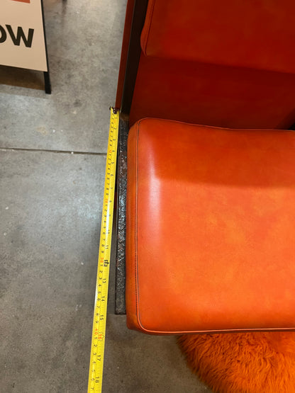 Pair of Vintage Orange Vinyl Bar Stools with Decorative Timber Backs