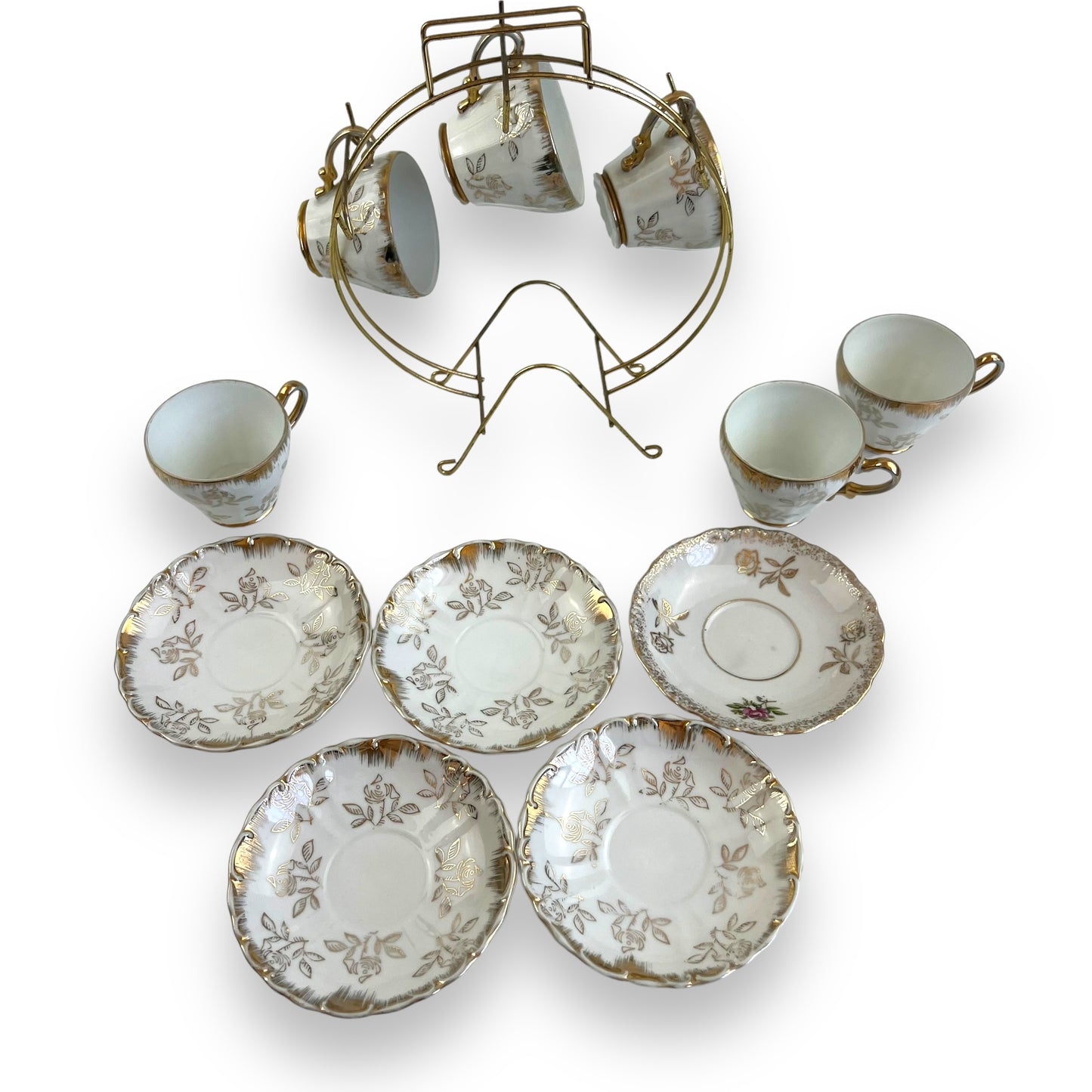 Vintage Japan Tea Cup and Saucer Set with Gold Accents and Floral Design on Brass Rack - 11 piece set