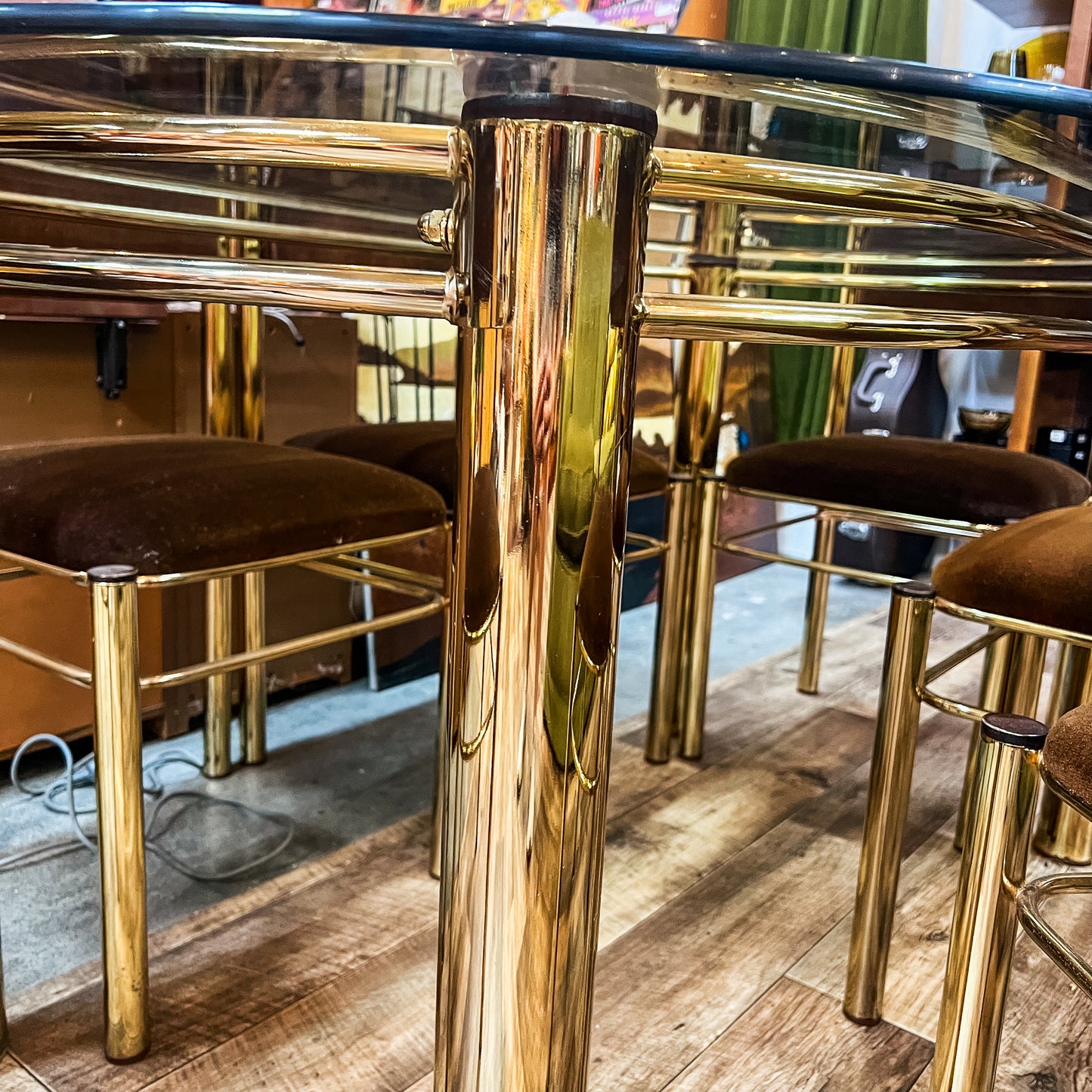 Brass & Smoked Glass Dining Table with 6 Chairs 