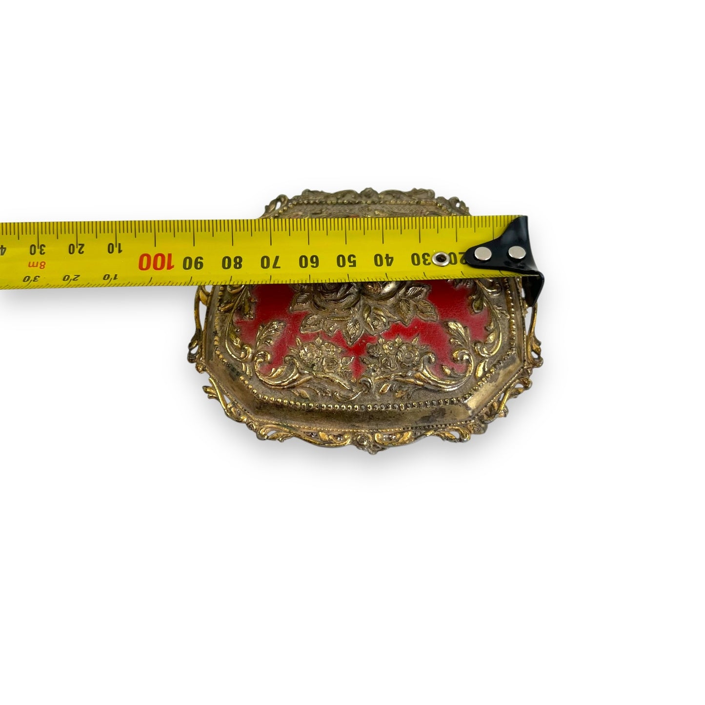 Ornate Jewelry Box – Made in Japan – Gold Tone Metal with Red Velvet Lining