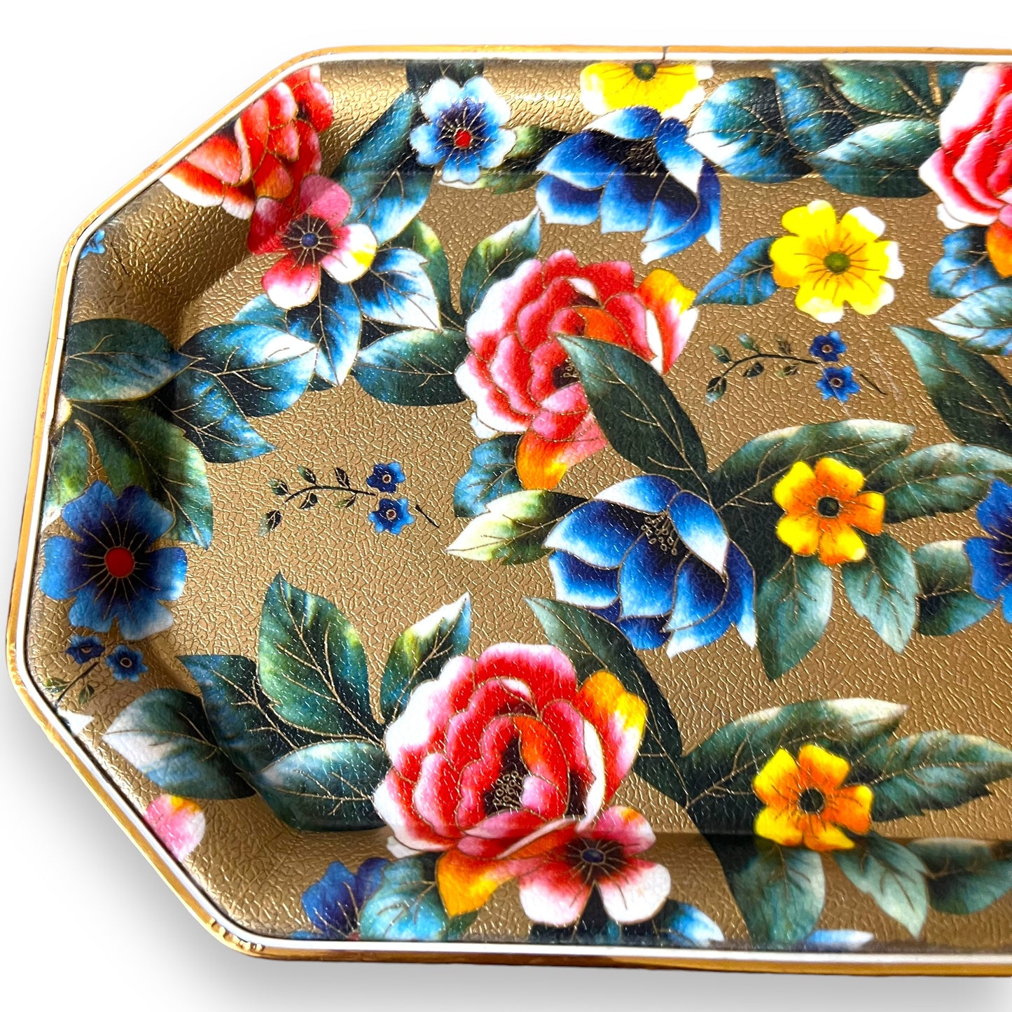 Floral Gold-Toned Metal Serving Tray - Vibrant Flower Pattern, Octagonal Shape