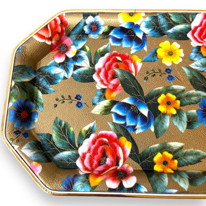 Floral Gold-Toned Metal Serving Tray - Vibrant Flower Pattern, Octagonal Shape