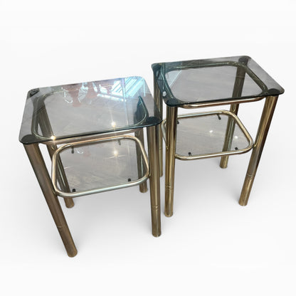 Pair of Vintage Brass & Smoked Glass Side Tables