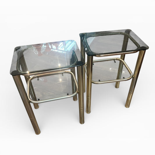 Pair of Vintage Brass & Smoked Glass Side Tables