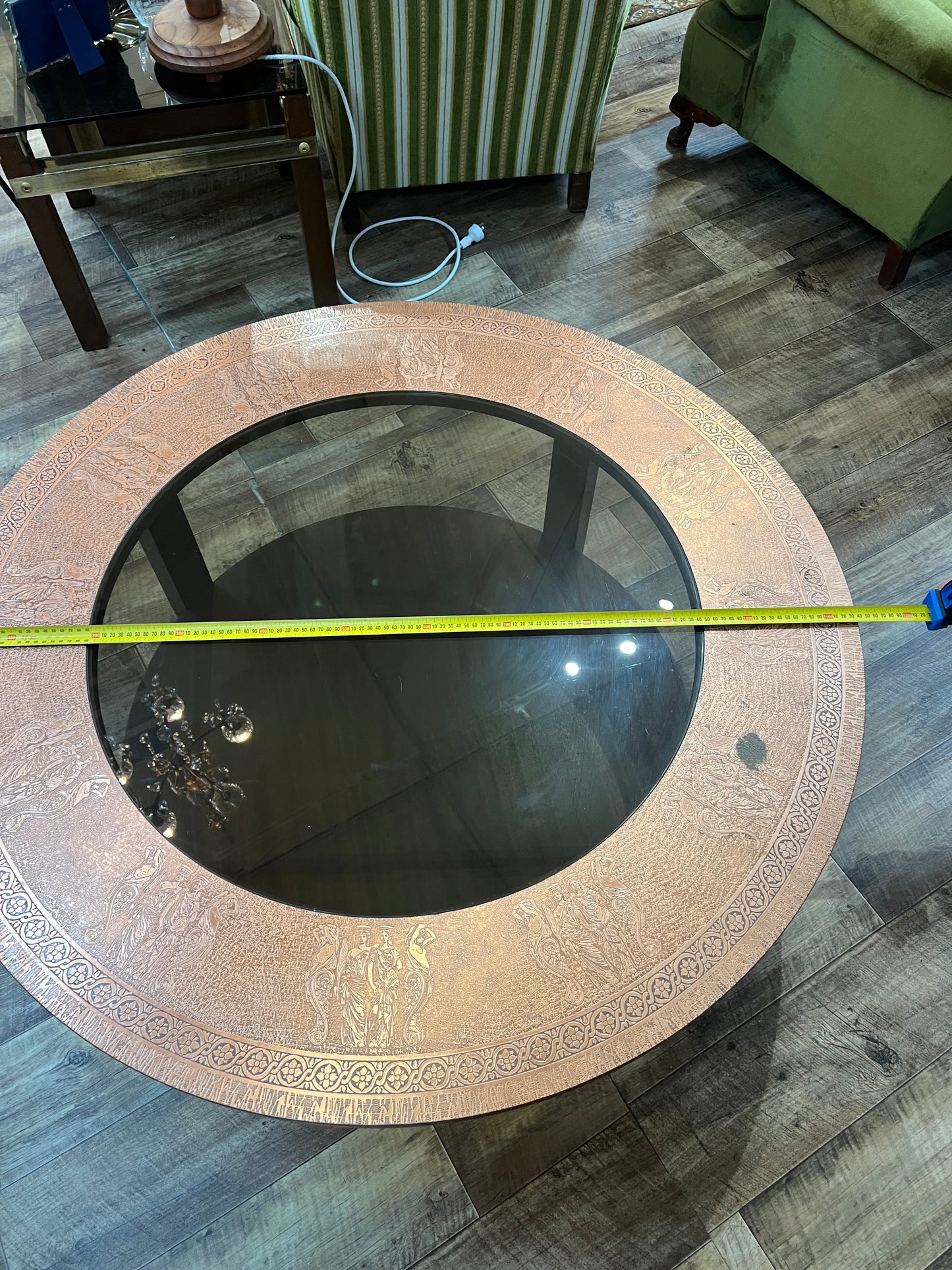 Pressed Copper & Glass Round Coffee Table with Lower Timber Shelf